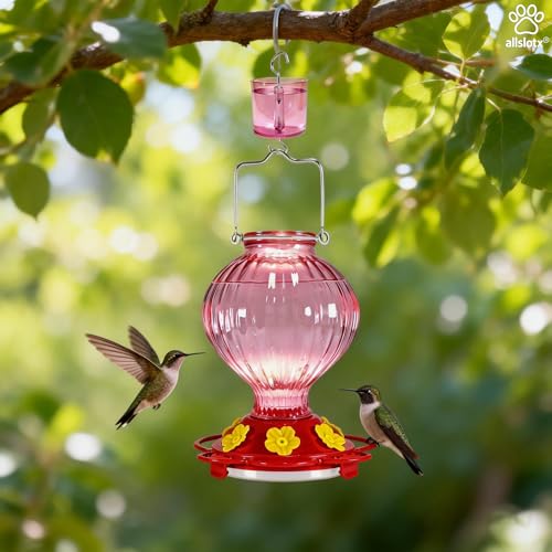 Glass Hummingbird Feeder for Outdoors Hanging, 38 oz Nectar Capacity, 6 Feeding Ports, Leak-Proof Rust-Free Plastic Base, Easy to Refill & Clean, Decorative Pink Glass Bird Feeder for Garden Patio - color: Pink, size: 38 Fluid Ounces