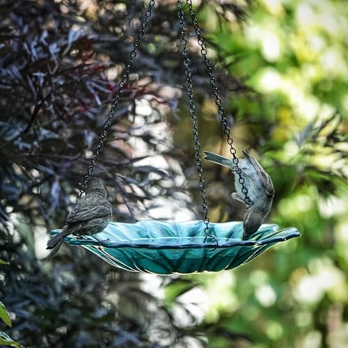 11" Recycled Glass Hanging Combination Bird Feeder and Bath for Wild Birds and Outdoor Décor, 0.625 Quart Capacity, Turquoise Dahlia Floral Design, Hanging Chains Included