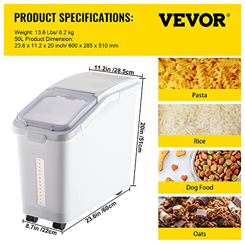 VEVOR Ingredient Storage Bin, 11.4 Gallon Capacity Shelf Ingredient Bin, 280 Cup Flour Bins on Wheels Commercial Prosave Shelf-storage Ingredient Bin with Lid and Scoop Rice Bin for Kitchen White - size: 11.4 Gallon
