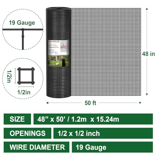 HOPERAN Black Hardware Cloth 1/2 Inch 48 x 50 Ft 19 Gauge Chicken Wire | Vinyl Coated, PVC Coated Welded Mesh Roll, for Garden Fencing Gopher Wire Rabbit Cage Poultry Netting - size: 1/2inch 48in×50ft