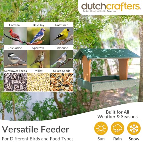 DutchCrafters Plastic Poly Covered Roof Hanging Fly Through Bird Feeder Open Side Platform Seed Tray for Outside Outdoor Garden - Amish American Made in USA (Turf Green & Cedar) - color: Turf Green & Cedar