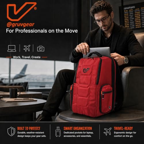 Gruv Gear Travel Laptop Backpack, 20L Red Tech Backpack with Modular Storage Shelves, Dual Access Pockets & TSA-Friendly Design, Compact Carry-On Backpack for Work, Travel & Everyday Carry - color: Red/Carbon Fiber