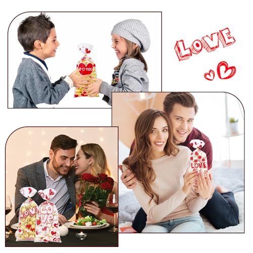 Valentines Cellophane Treat Bags, Valentines Candy Bags, 100 PCS Valentines Goodies Bags, Valentines Plastic Bags with 110pcs Gold Ties, Valentines Gift Bags for Valentines Day Party Favor Supplies - color: Red Valentines 100pcs