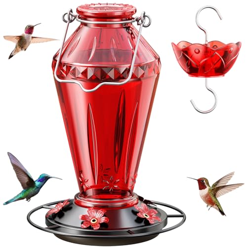 Birdream Hummingbird Feeders for Outdoors, 25oz Glass Hummingbird Feeder with Perch & 5 Bee Guard Feeding Ports, Leak Proof, Includes Ant Moat and Cleaning Brush, Gift for Women Mom, Red - color: Red