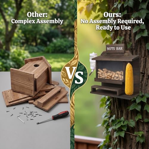 Hanging Squirrel Feeder for Outside with Picnic Table Design & Detachable Water Bottle - Funny Squirrel Picnic Table, Wooden Chipmunk Feeder for Backyard, Garden, Patio - No Assembly Required - Walnut