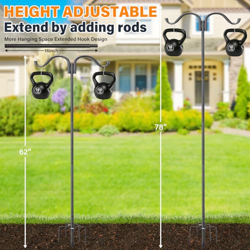 Heavy Duty Double Shepherds Hook for Outdoor, 78 Inch Adjustable Bird Feeder Pole with 5 Prongs Base, Stable Stand for Hanging Bird Feeder, Bird House, Wind Chime, Lantern & Light Plant, Anti-Rust - size: 78"