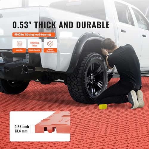 VEVOR Garage Floor Tiles 12 x 12 x 0.53 inch, Interlocking Design Ease of Installation Double-Sided Texture Non-Slip Sturdiness, for Garages, Basements, Repair Shops, Red, 50 Pack | Easy Installation, Double-Sided Texture Non-Slip Sturdiness, Polypropylen