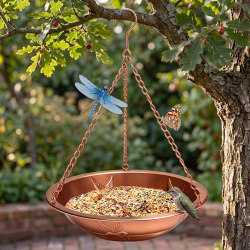 2 Pcs Hanging Bird Bath for Outside, 11.5" Antique Copper Metal Bird Feeder Birdbath Bowl with Rust-Proof Chains Simulated Dragonfly for Outdoor Garden Backyard Patio Yard Decor