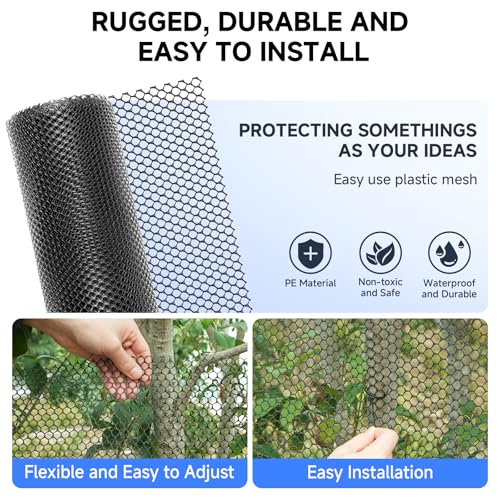 16 INx50 FT Plastic Chicken Wire Mesh Poultry Netting Garden Fence Black | Plastic Chicken Wire Fencing Roll with Ground Stakes & Nylon Ties - Pet Cat Balcony Protection & Outdoor Chicken Coop Barrier
