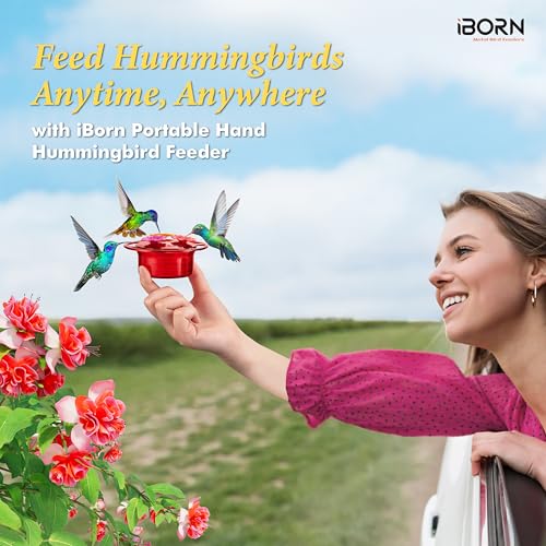 iBorn Handheld Hummingbird Feeders for Outdoors, Hummingbird Hand Feeder 3OZ Mini Bird Feeders for Outdoors,3 Bee Guard Feeding Ports, Silicone Flower, Red (Set of 1) - style: Handheld 3oz,1 Set
