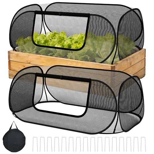 2-Pack Raised Garden Bed Covers, 45" x 22" x 17" Mesh Crop Cage, Pop-Up Plants Cover with 30% Shade Cloth for Seedlings Vegetables Fruits Flowers, Protects Against Birds Animals Pests with 16 Stakes - color: 2pack-black