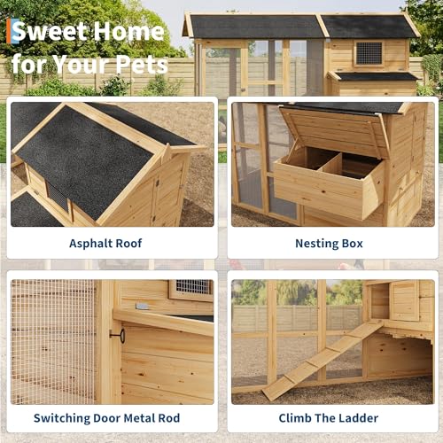 IDEALHOUSE Large Outdoor Chicken Coop for 4-6 Chickens Wooden Hen House with Waterproof Asphalt Roof, Ramp, Nesting Box, Wire Fence, (80" x 35" x 54") Natural