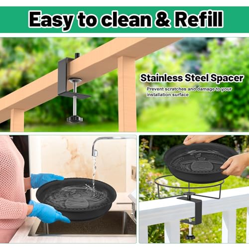 Bird Baths for Outdoors, Rustproof Metal Clamp Birdbaths & Birdfeeder with Detachable Plastic Basin, Outdoor Bird Feeding & Watering Station for Wild Birds Garden Patio Balcony (Black) - color: Black
