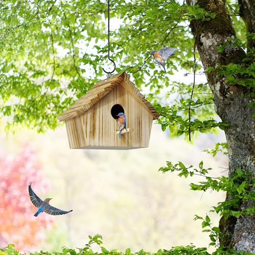 Auslar Bird Houses for Outside, Hanging Wooden Bluebird House for Outdoors | Birdhouses for Bluebird Cardinal Finch Wren Swallow, 1.57" Hole Bird Nesting Box with Perch & Hook, Garden Backyard Decor - style: Herringbone