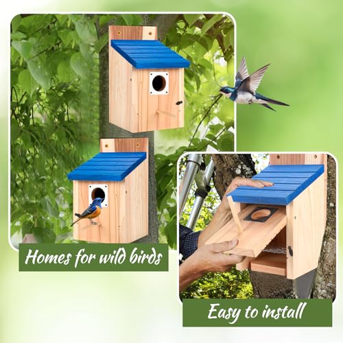 4-Pack Blue Wooden Bird Houses for Outdoors with Predator Guard, Bluebird Houses for Outside – Ideal for Bluebirds & Other Backyard Birds, Blue