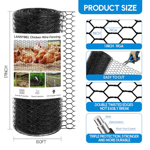 17in x 150ft Chicken Wire, Black Poultry Wire Netting, Hexagonal Galvanized Mesh, Outdoor Anti-Rust Surface Plastic Coating, Garden Fence Animal Barrier for Pet Rabbit Chicken Fencing - size: 17in(H)x150ft(L)