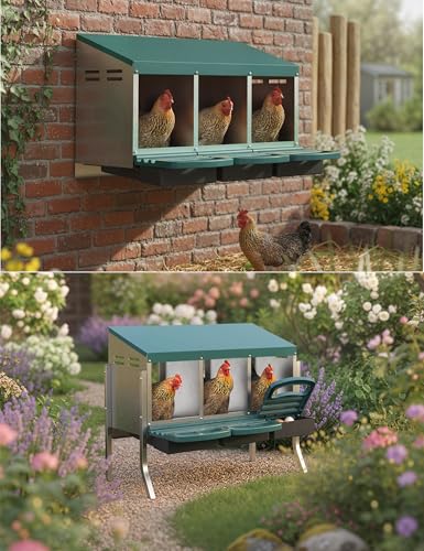 GarveeLife Chicken Nesting Box 3 Hole, Galvanized Steel Nest with Roll Away Egg Collection & Swing Perch, Easy-Clean Laying Box for Hens, Heavy Duty Design for Chicken Coop - color: Green, size: 3 holes with legs