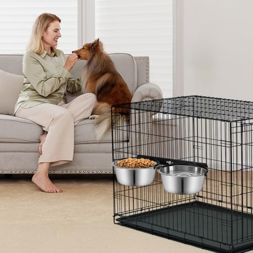 Dog Crate Water Bowl No Spill, ShineMe Dog Food and Water Bowl Set Mountable, Hanging Feeding Bowls for Dogs Cage - 28oz Crate Bowls for Small & Medium Dogs, Cats, Pets - color: 2 in 1 Silver (28oz+28oz)