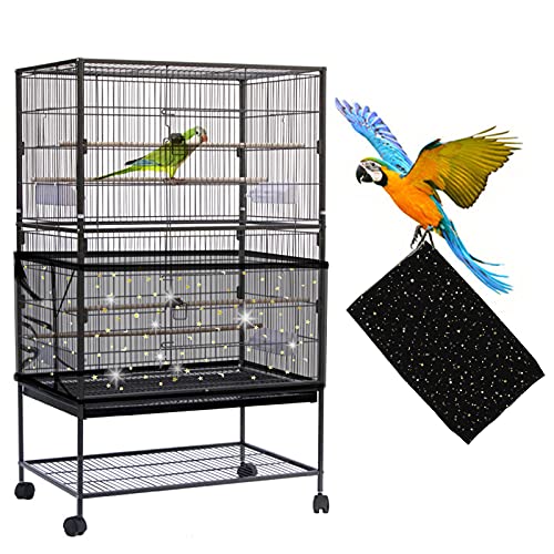 Daoeny Large Bird Cage Cover, Bird Cage Seed Catcher, Adjustable Soft Nylon Mesh Net with Twinkle Moon Star, Birdcage Cover Skirt Seed Guard for Parrot Parakeet Macaw Round Square Cages (Black) - color: Black, Sequins Star