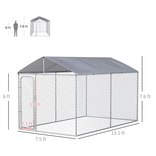 PawHut Outdoor Dog Kennel, Heavy Duty Dog Run Outdoor Fence with Waterproof Cover, Galvanized Chain Link, Secure Lock, 13' x 7.5' x 7.5' | Outdoor Fence, Waterproof Cover, Galvanized Chain Link, Secure Lock - size: 156.0"L x 90.0"W x 90.0"H