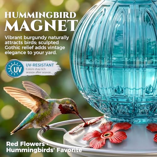Glass Hummingbird Feeder for Outdoors Hanging, 26 fl oz Bird Nectar Feeder | 5 Metal Flower Feeding Ports, 360° Perch Ring, Easy Refill & Clean, Leakproof, Ideal for Backyard Garden Outdoor Decor, Blue - color: Blue