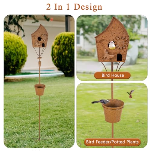 49" Bird Houses for Outside with Pole, Outdoor Metal Birdhouse with Tapered Bucket for Patio, Yard, Garden, Rust-Colored - style: Cottage(Rust-colored)