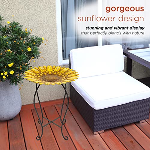 Alpine Corporation 19" H Outdoor Metal Birdbath w/Stylish Stand, Embossed Sunflower Birdbath Bowl and Stand Set, Yellow - color: Yellow