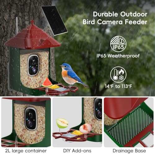 Smart Bird Feeder with Camera, Solar Panel & 5200mAh Battery, 4K HD Video, AI Identification, Instant Arrival Alerts & Alarm, IP65 Weatherproof, 32GB Card, 2L Capacity, for Bird Lover - color: Red Green