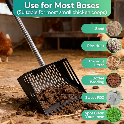 Oture Chicken Poop Scooper & Rake 2-in-1, Metal Chicken Coop Scoop Shovel for Poop, 24 to 66'' Adjustable Handle Litter Scooper Sand Sifting Shovel for Coops/Goat Stall/Farm Animals