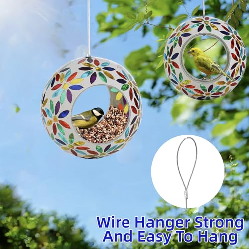 VOREEN Mosaic Glass Bird Feeder, Handcrafted Hanging Fly-Through Feeder for Outdoor Garden & Backyard, Decorative Wild Bird Feeder with Steel Wire Cable, Mosaic Colorful Flowers - color: Multicolor