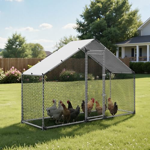 VEVOR Large Metal Chicken Coop,9.8 x 3.3 x 6.6 ft, Walk-in Chicken Run House with Waterproof Cover & Sturdy Frame, Spire Roof Poultry Cage Duck Pen for Rabbit Hen Goose Outdoor Backyard Farm Use - size: 118.1"L x 39.4"W x 78.7"H