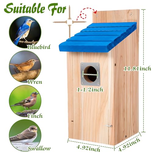 Dreyoo 2 Pack Bluebird Box Houses for Outside,1-1/2'' Entrance Hole Wooden Bird Houses with Metal Guard, Secure Latch,Fledgling Grooves,Air Vents for Bluebird Wren Swallow(Blue Roof, Wood Body) - color: Blue Roof, Wood Body