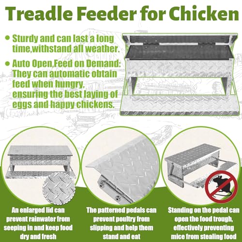 Treadle Chicken Feeder Automatic Large Poultry Feeders Capacity Treadle Self Opening Pou with Weatherproof Lid Rain Cover for Roosters Pheasant Chicken Outdoor Coop Silver Full Aluminum(11lbs/5000g) - size: 11LB Capacity