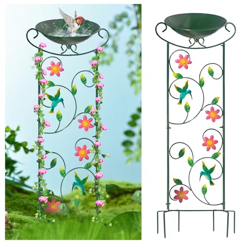 Metal Bird Bath with Trellis, 35" Outdoor Garden Birdbath with Detachable Bowl & Climbing Plant Support, Decorative Bird Feeder Station with Hummingbird for Yard, Patio, Fence - color: Hummingbird