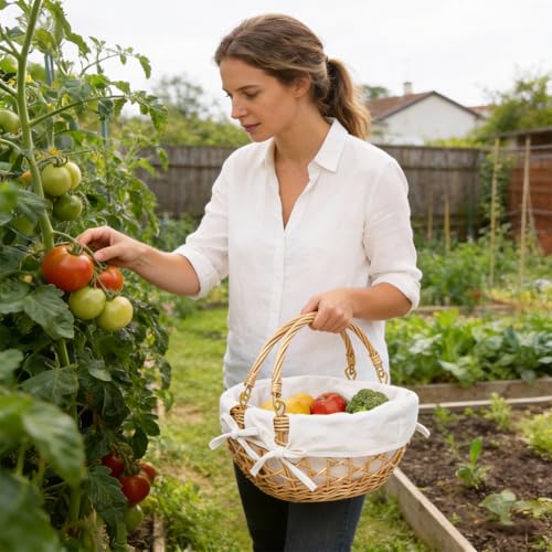 YRMT Wicker Egg Basket Handmade Egg Collecting Basket with Handles and lining Farmhouse Garden Harvest Basket Natural 11"x11"x5"