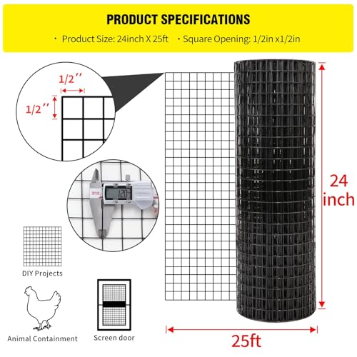 24'' x 25' 1/2inch Hardware Cloth 19 Gauge Black Vinyl Coated Welded Fence Mesh for Home and Garden Fence and Home Improvement Project - size: 24'' x 25'-19 Gauge