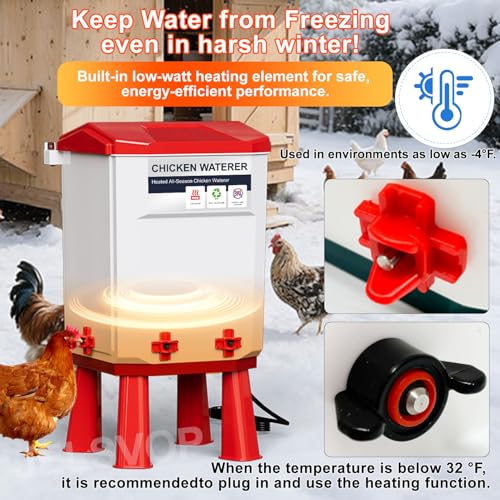 Heated Chicken Waterer, 7L Chicken Water Heater Bucket for Winter with 4 Nipple Drinkers, Anti-Freezing, Winter and Summer Dual-use, Automatic Heated Poultry Drinker for Coop (Red) - size: 1.9 Gallon