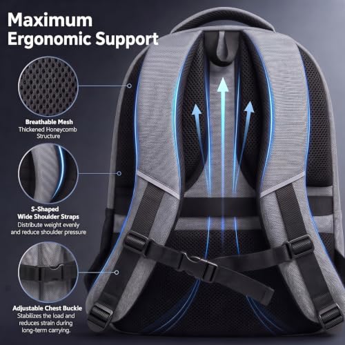 Amovee Computer Backpack 17.3 Inch, Water Resistant Laptop Travel Bag with Chest Strap & Padded Back Support, Anti-Theft Work Bookbag for Women Men, Sturdy Daypack for College Office & Daily Commute - color: Dark Grey