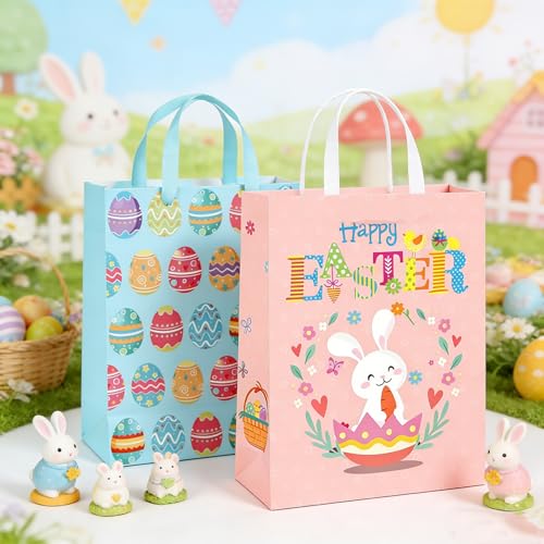 STPIYFZU 2 Pack 13" Large Easter Gift Bags with Handles, Rabbit Egg Design Reusable Paper Easter Bag for Egg Hunts Kids Party Supplies, Gift Wrapping - color: 2 PCS Easter Bags