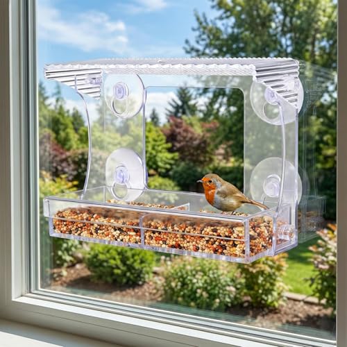SUQ I OME Window Bird Feeder for Outdoors, Clear Acrylic | Tilted Roof, Strong Suction Cups, Rain Proof, Transparent Wild Bird Watching House