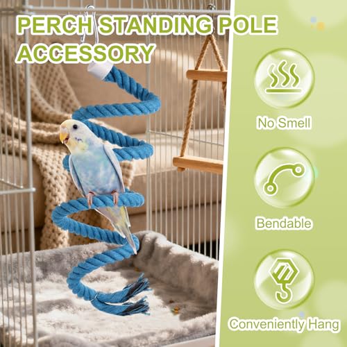 Bird Rope Perch Swing, Spiral Rope Perch Standing Pole Accessory Climbing Swing Paw Grinding 59 Inch, (Blue) Intended for Parrot/Parakeet/Budgies/Cockatiels/Lovebirds - color: Blue, size: 59 Inch