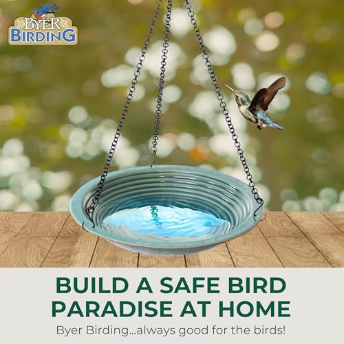 BYER OF MAINE Circles Hanging Bird Bath, Porcelain, Glaze Finish, Adjustable Chain, Sandy Granite, 14”x14”x34” adj - color: Sandy Granite