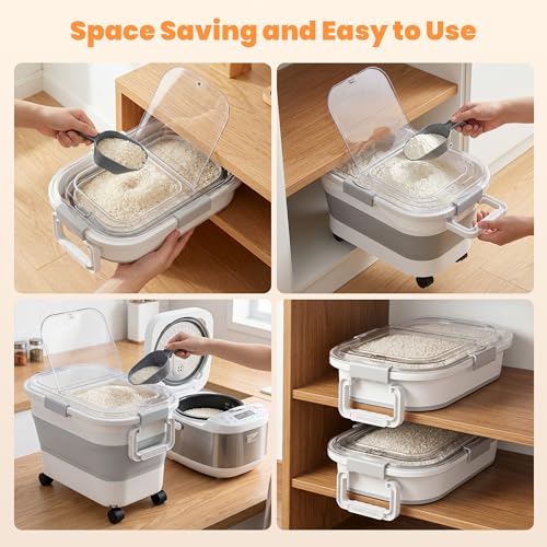 30 Lbs Rice Container, Collapsible Dog Food Storage Container | Airtight Cat Food Container with Wheels, Transparent Lid, Measuring Cup, Scoop and Handle, BPA Free for Pet Food, Bird Seed - size: 29lbs