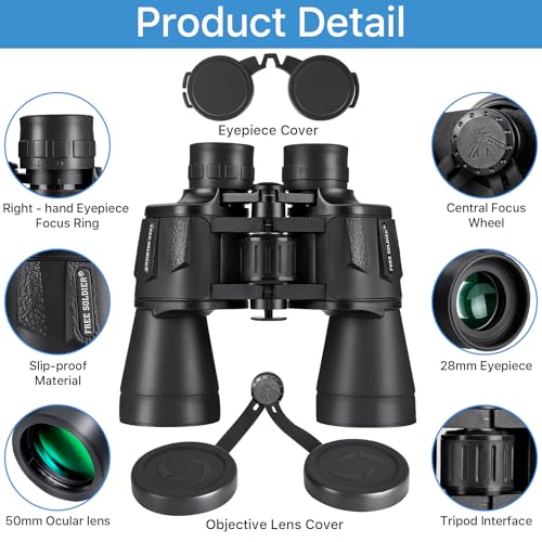 FREE SOLDIER 20x50 High Powered Binoculars for Adults, Black | With Bak4 Prism Fmc Lens, Lightweight, Portable, Waterproof, Fog-Proof, For Bird Watching, Hunting, Hiking, Concerts, Travel - color: Black