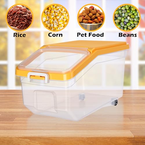 4 Pcs Rice Storage Container 22 lb Airtight Flour Container with Wheels Measuring Cup Clear Pet Dog Cat Birds Food Bin Grain Cereal Organizer Box for Dry Baking Supplies(Yellow Lid) - color: Yellow Lid, size: 22 lb