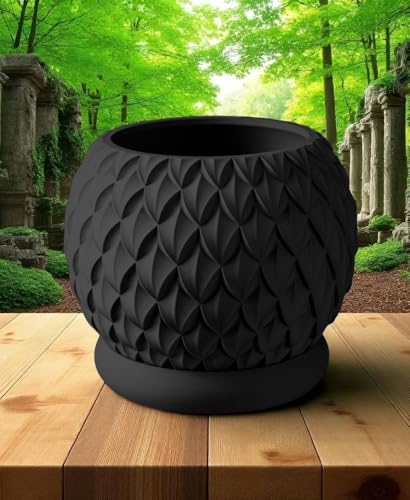 Obsidian Dragon Egg Planter – Modern Textured Black Flowerpot for Indoor Plants – Mythic Scales Design – Ideal Orchid Pot, Boho Succulent Pots, Outdoor Decor (Black, Standard 5.5" x 5.5" WH)