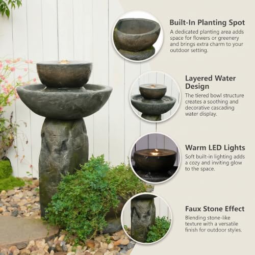 Outdoor Bird Bath Fountain with Planter Spot, Lighted Rustic Faux Stone Pedestal Birdbath, Relaxing Water Feature Decor for Wild Birds, Yard and Backyard Garden - color: Grey-28 in
