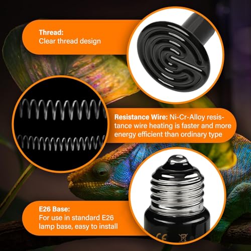 HealSmart Reptile Heat Lamp 100W 2-Pack Ceramic Heat Emitter, No Light Emitting Heat Bulbs for Amphibian Pet Brooder Coop Incubating Chicken, Lizard Bearded Dragon Turtle Snake Terrarium, Black - size: 100 Watts, style: D-85mm (3.35")
