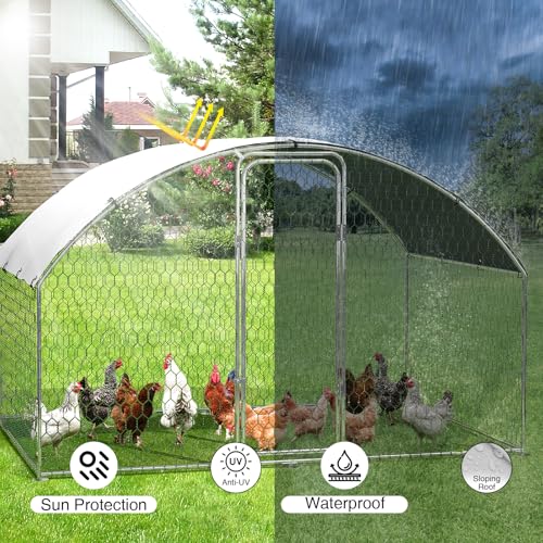 Large Metal Chicken Coop, Metal Chicken Run with Waterproof and Anti-Ultraviolet Cover for Outside, 9.8 x 6.5 x 6.5 Ft Walk-in Poultry Cage, Outdoor Chicken Pen for Backyard and Farm - size: 9.8 x 6.5 x 6.5 ft