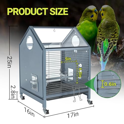 Acrylic Bird Cage, 25 inch Medium Parrot Cage for Parakeet Cockatiel Conure Lovebird, Panoramic View Bird Cage with Water Bottle Bird Feeder Perch Rolling Stand